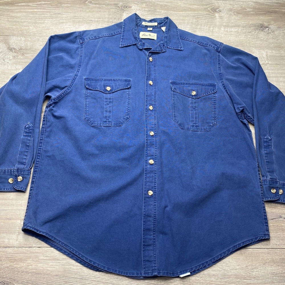 Eddie Bauer Elkborn Canvas Shirt Mens L Blue 100% Cotton Long Sleeve Workwear